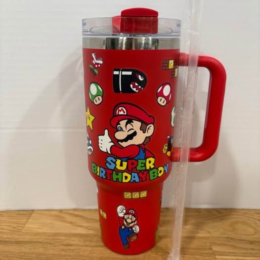Super Mario Birthday Boy 40 oz Red Tumbler Handle Lid Straw New